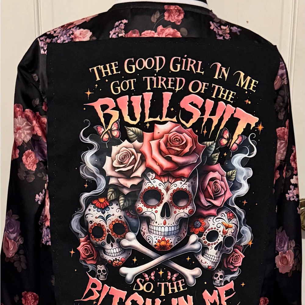 Arizona Jean Company Black Bomber Jacket with Pink Floral & Skull Graphic